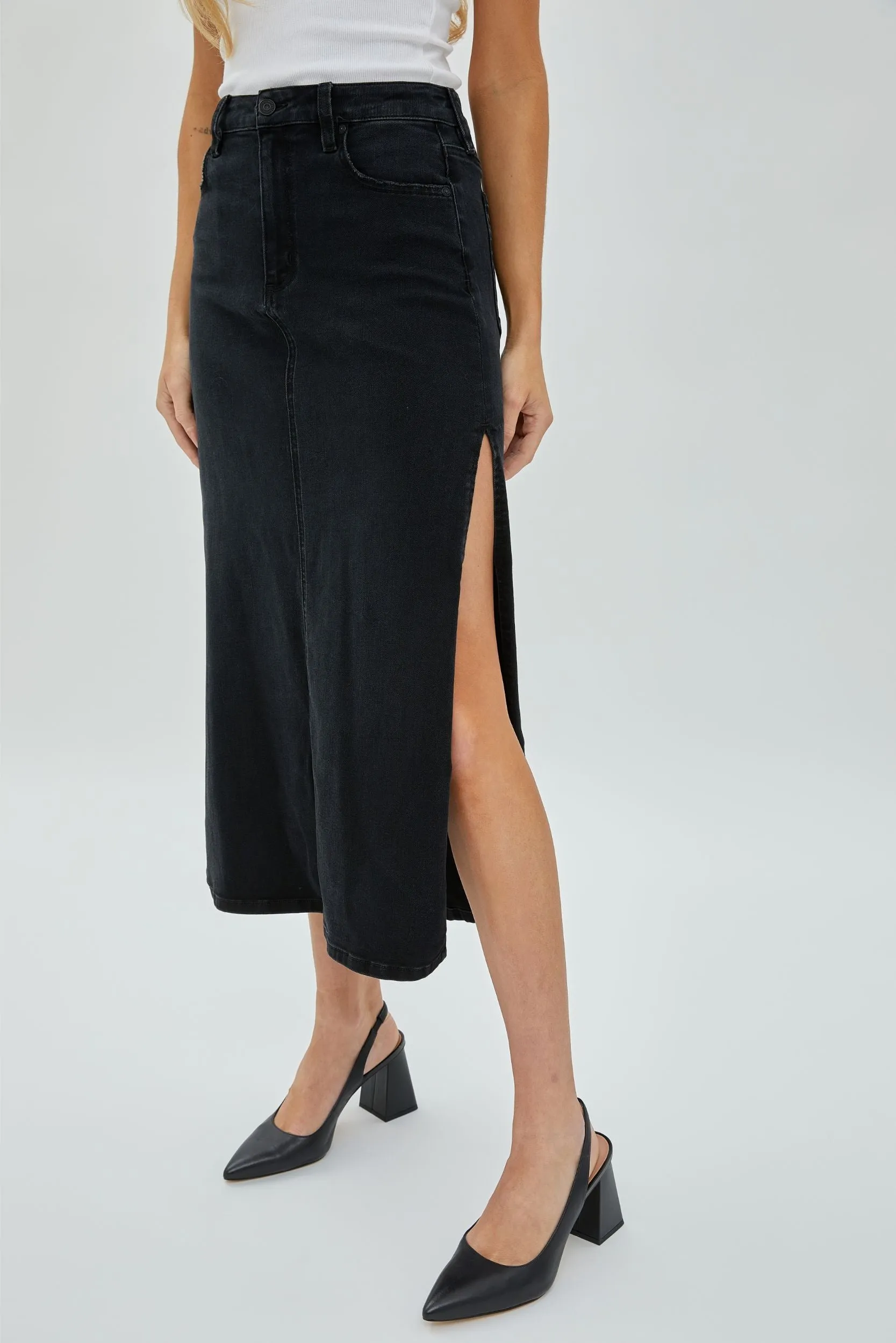 [Peyton] Black Side Slit Stretch Long Skirt