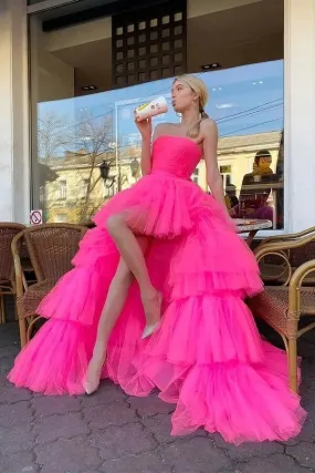 Pink High Low Tulle Princess A-line Long Prom Dresses, Evening Dresses