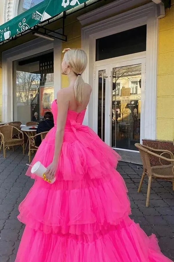 Pink High Low Tulle Princess A-line Long Prom Dresses, Evening Dresses