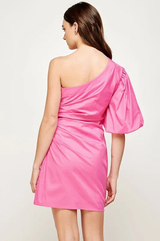 Pink Ruched Side One Shoulder Mini Dress