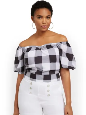 Plaid Off-The-Shoulder Tie-Back Blouse