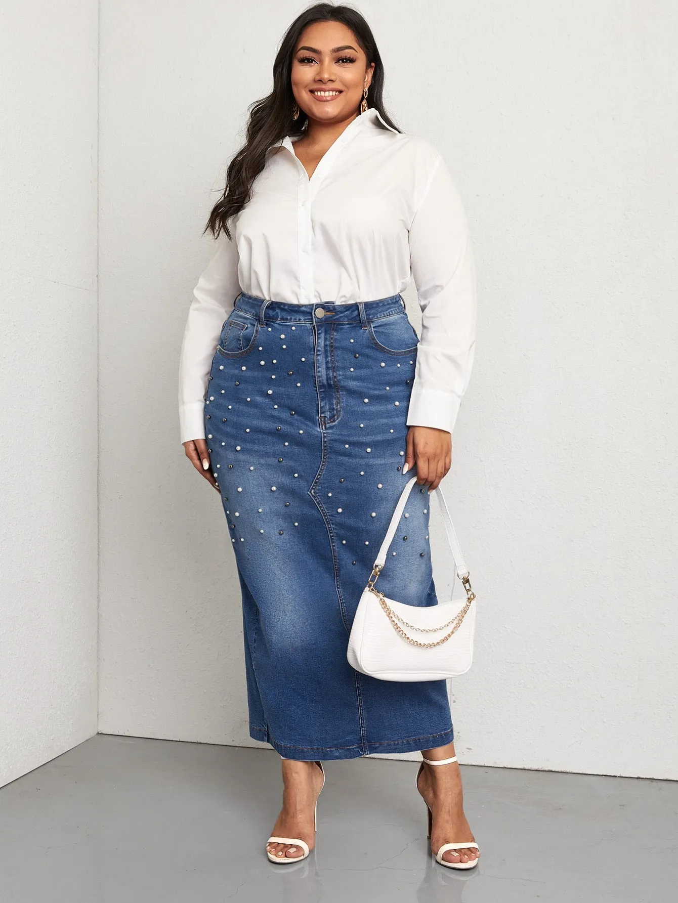 Plain Split High Waist Long Plus Size Denim Skirt