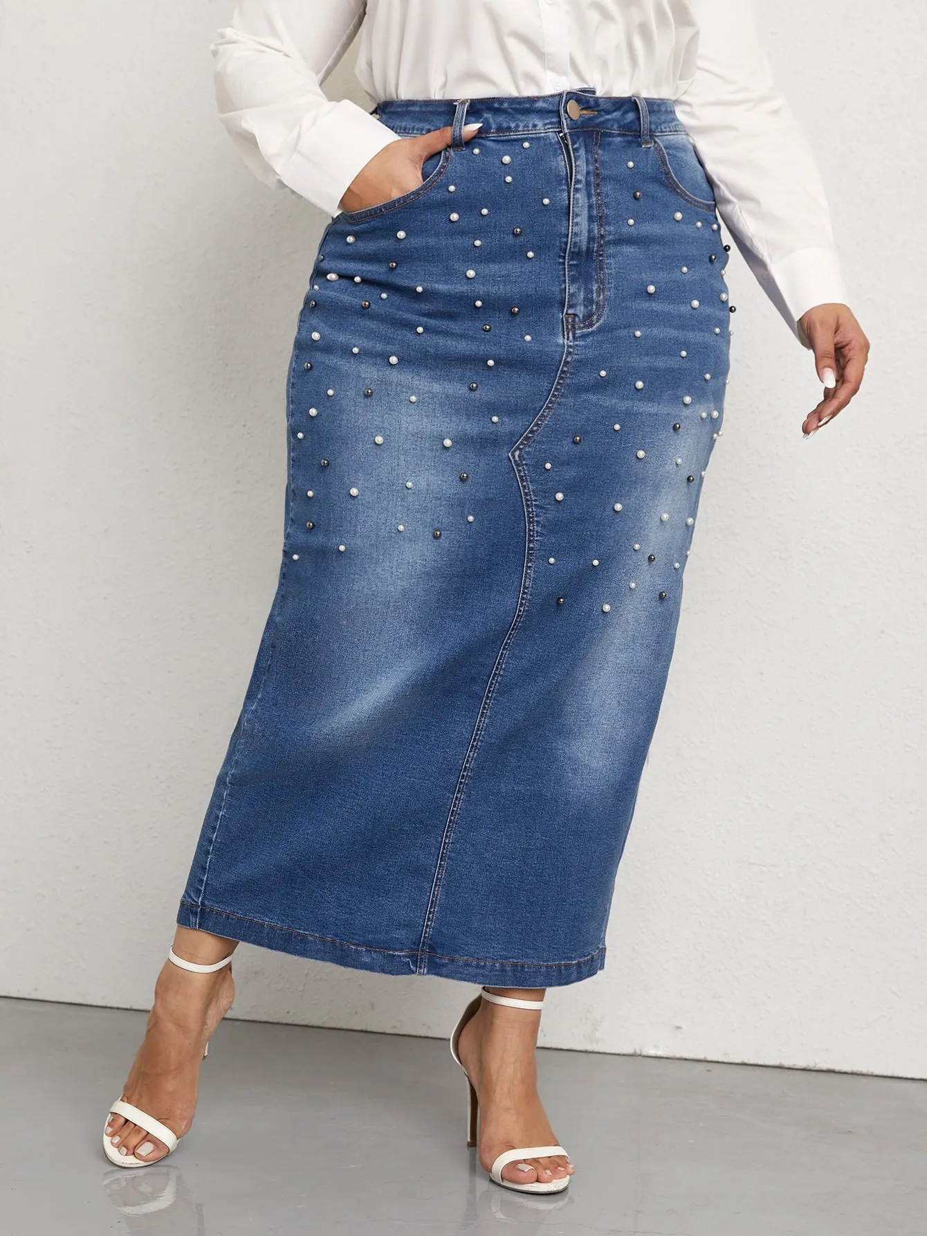 Plain Split High Waist Long Plus Size Denim Skirt