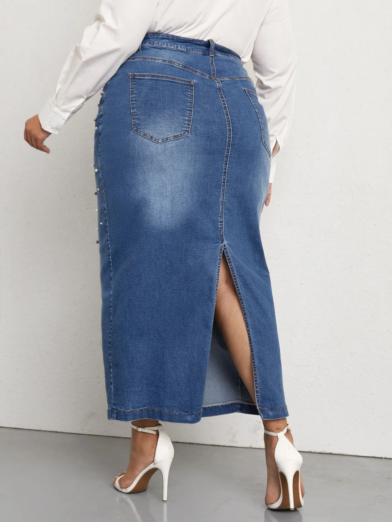 Plain Split High Waist Long Plus Size Denim Skirt