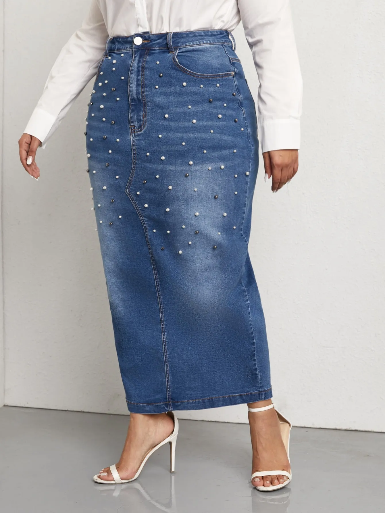 Plain Split High Waist Long Plus Size Denim Skirt