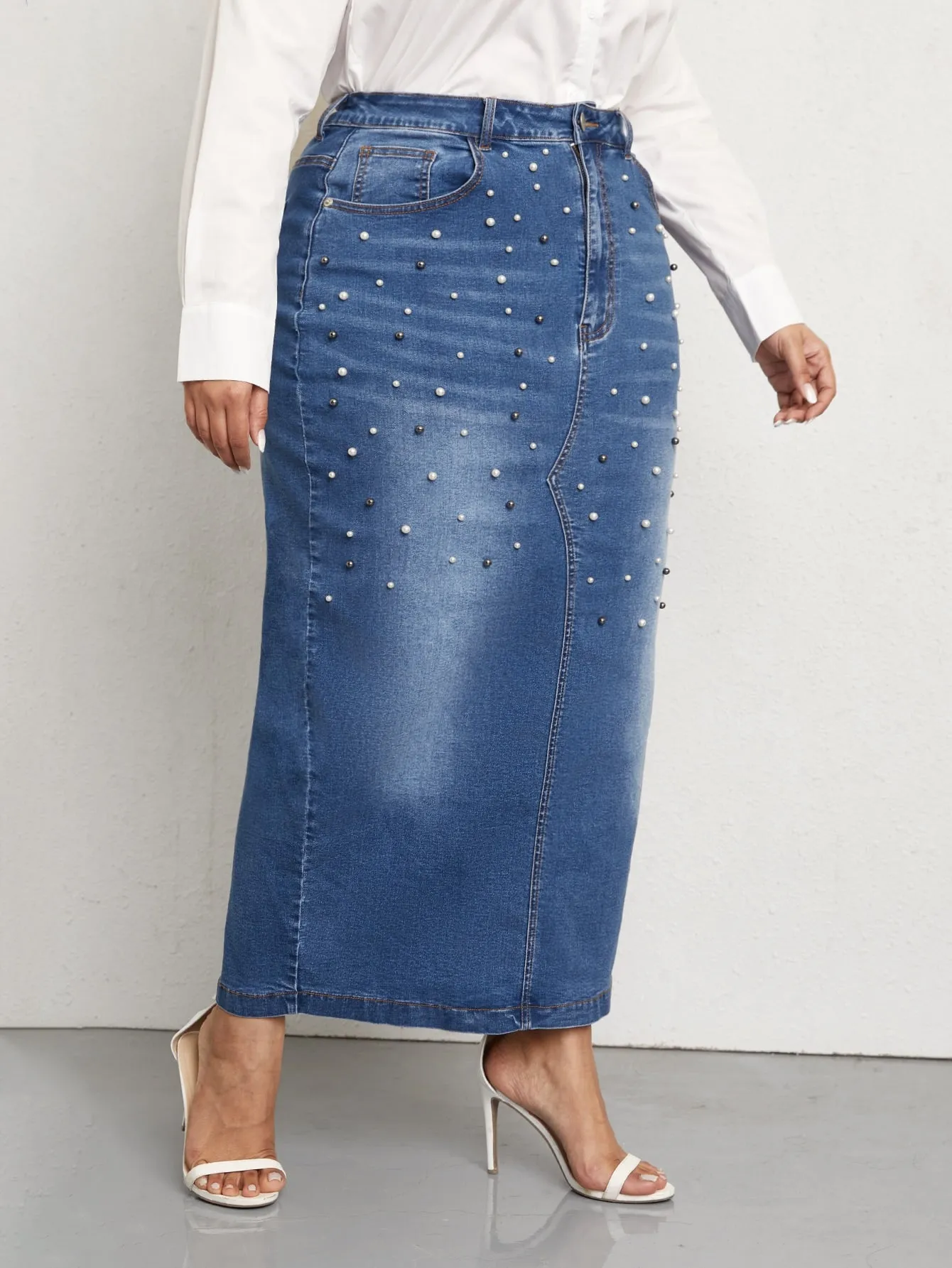 Plain Split High Waist Long Plus Size Denim Skirt