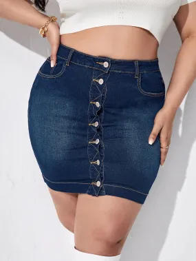 Plain Washed High Waist Short Plus Size Denim Skirt