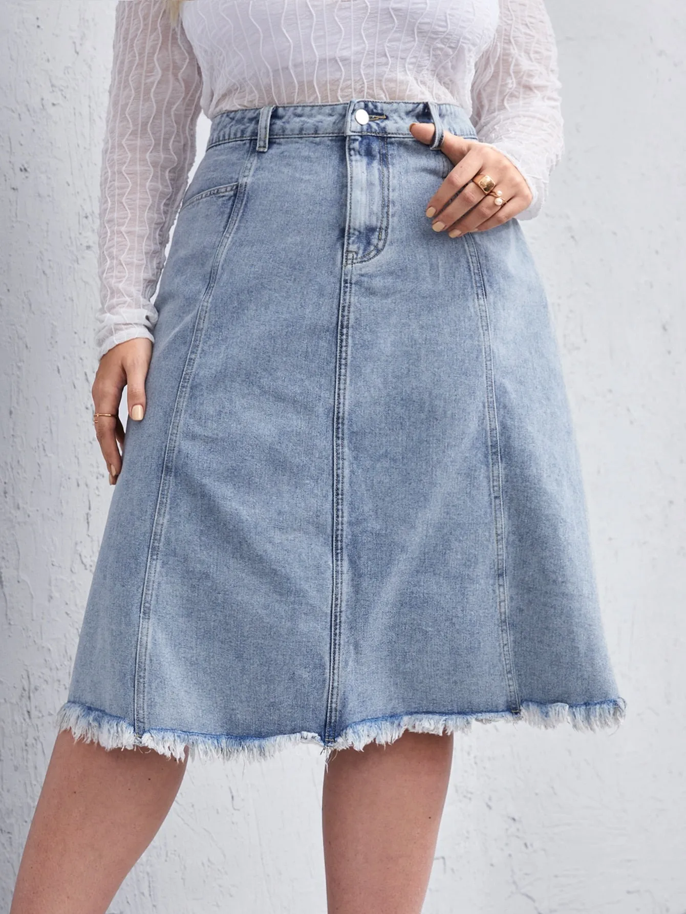 Plain Zipper High Waist Midi Plus Size Denim Skirt