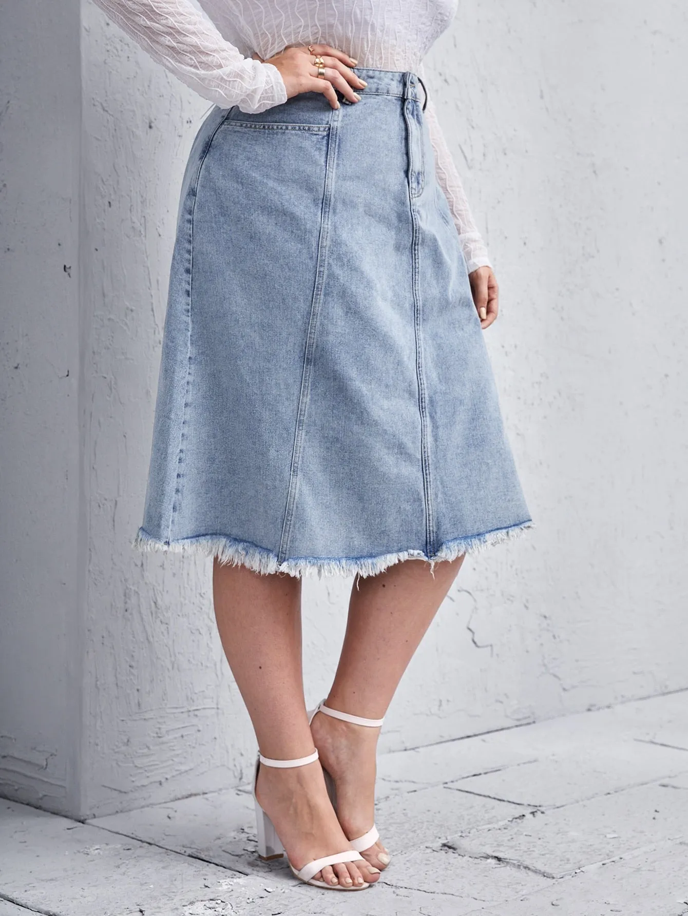 Plain Zipper High Waist Midi Plus Size Denim Skirt