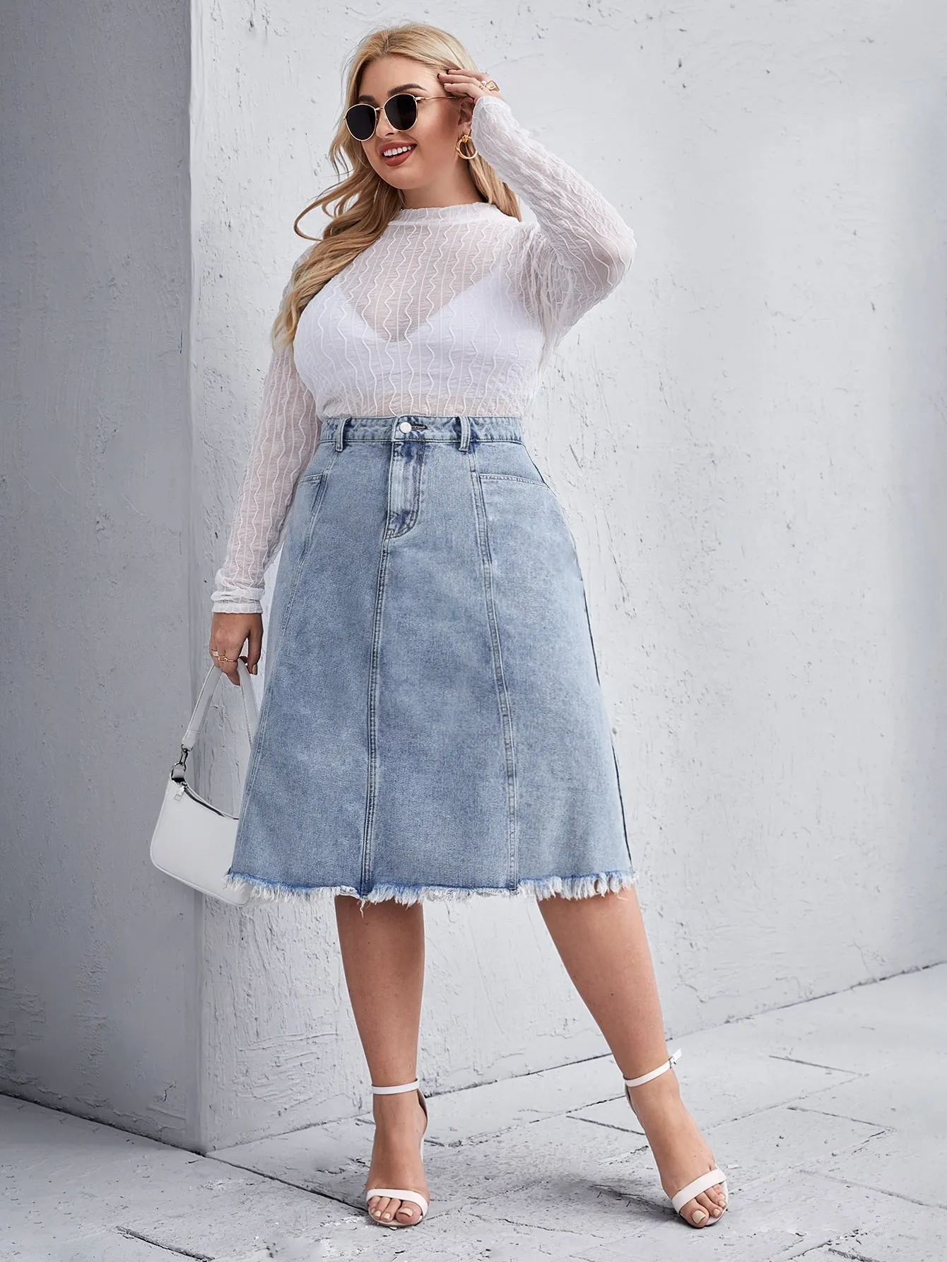 Plain Zipper High Waist Midi Plus Size Denim Skirt