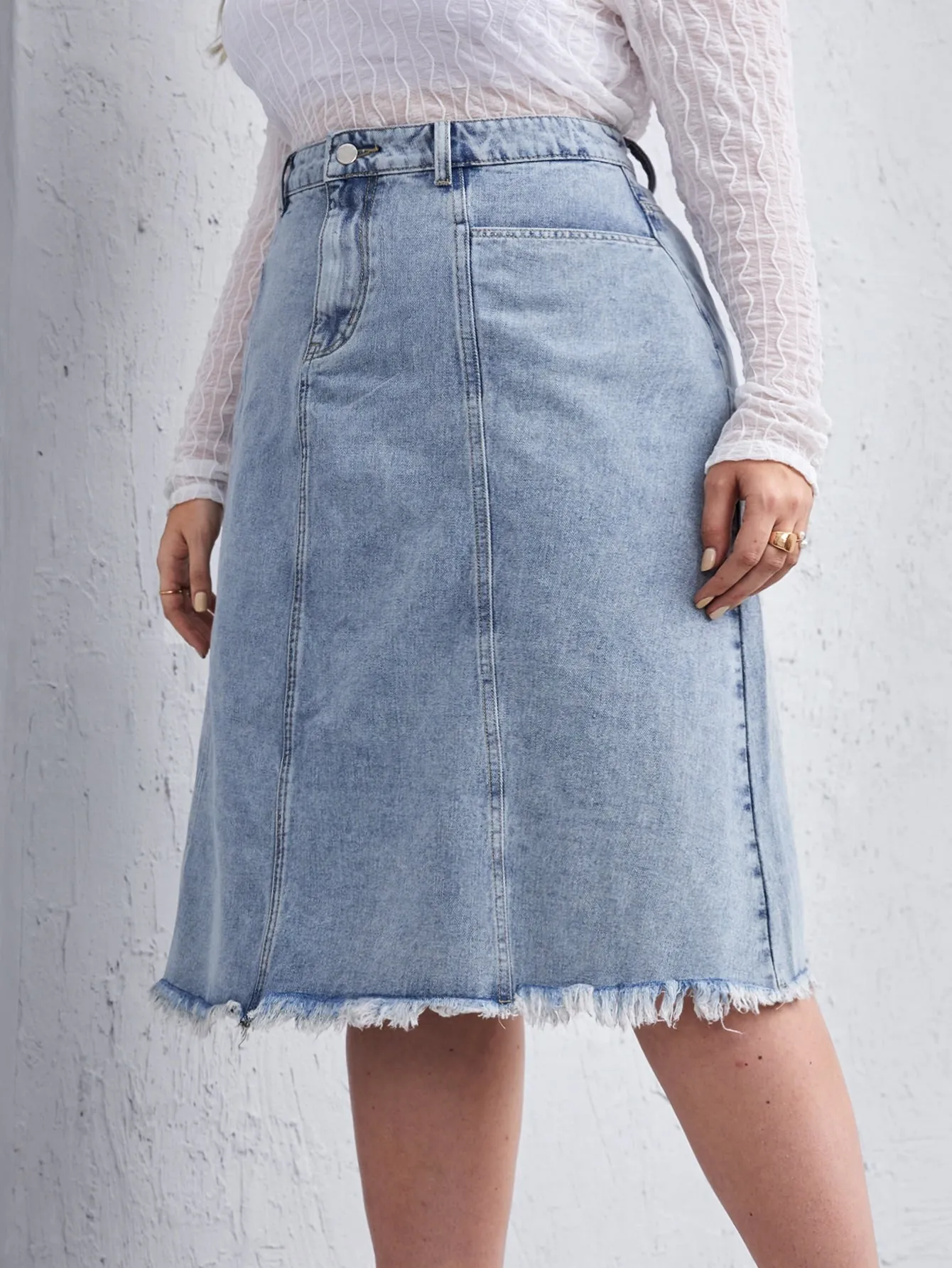 Plain Zipper High Waist Midi Plus Size Denim Skirt