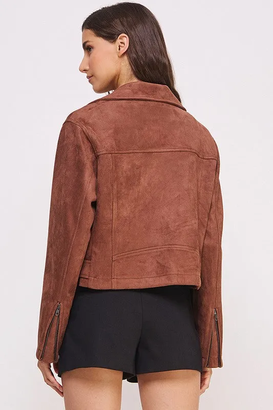 PLUS Size BELTED LONG SLEEVE ZIPPERED SUEDE MOTO JACKET  - Online Exclusive