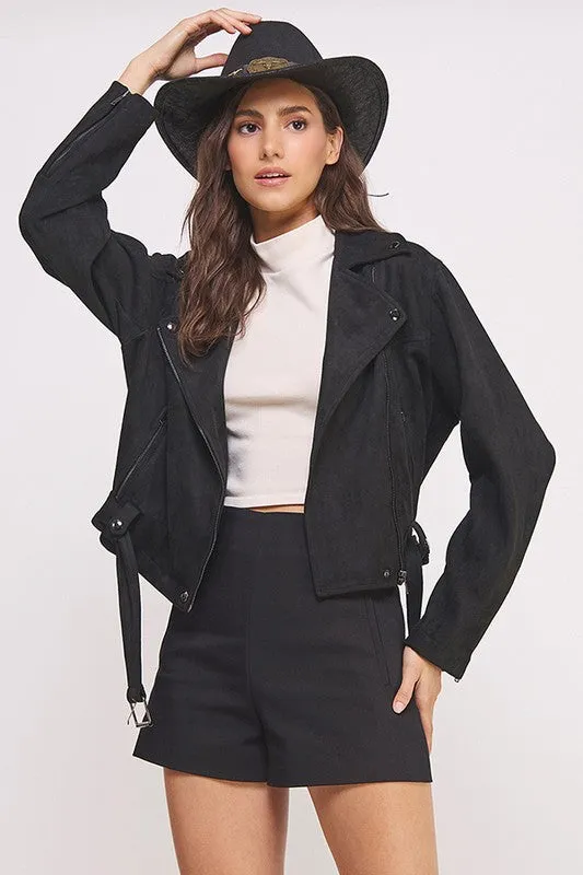 PLUS Size BELTED LONG SLEEVE ZIPPERED SUEDE MOTO JACKET  - Online Exclusive