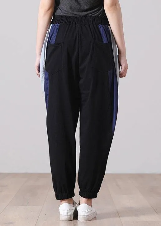 Plus Size Black Elastic Waist Pockets Sports Cotton  Pants