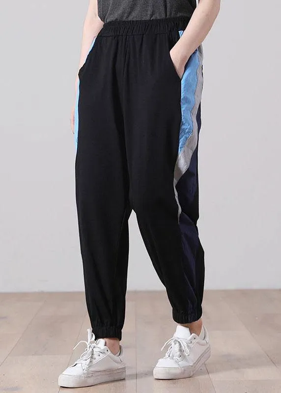 Plus Size Black Elastic Waist Pockets Sports Cotton  Pants