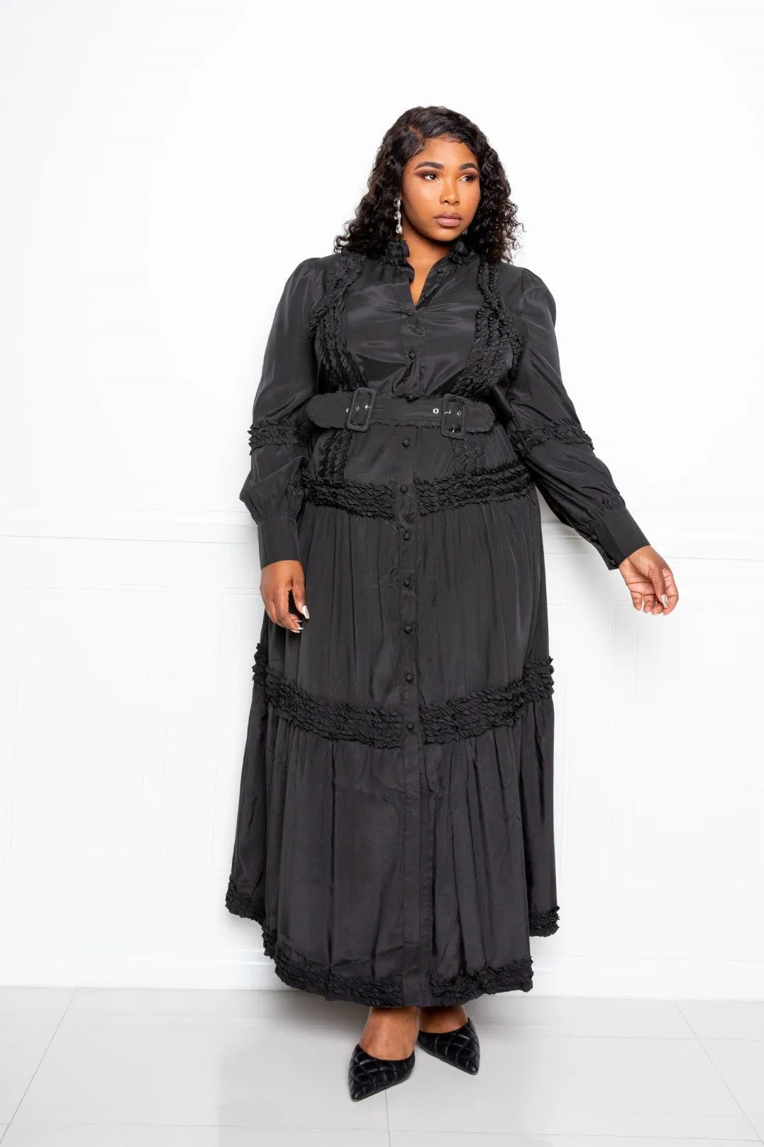 Plus Size Black long Sleeve Button Down Belted Ruffle Flowy Maxi Dress