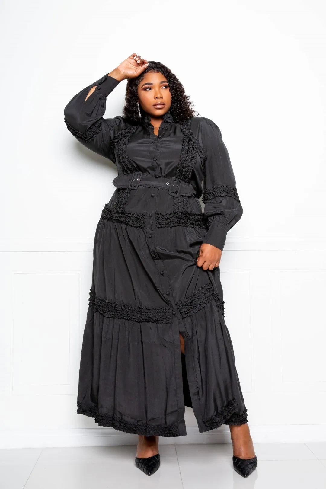 Plus Size Black long Sleeve Button Down Belted Ruffle Flowy Maxi Dress