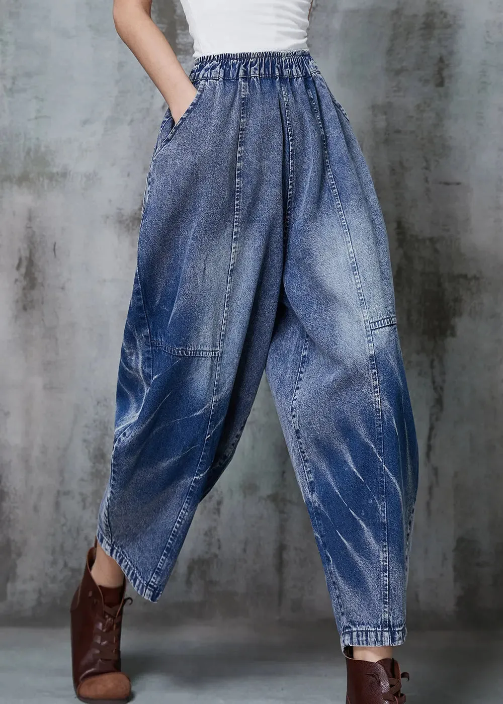 Plus Size Blue Oversized Patchwork Denim Crop Pants Spring JK1045