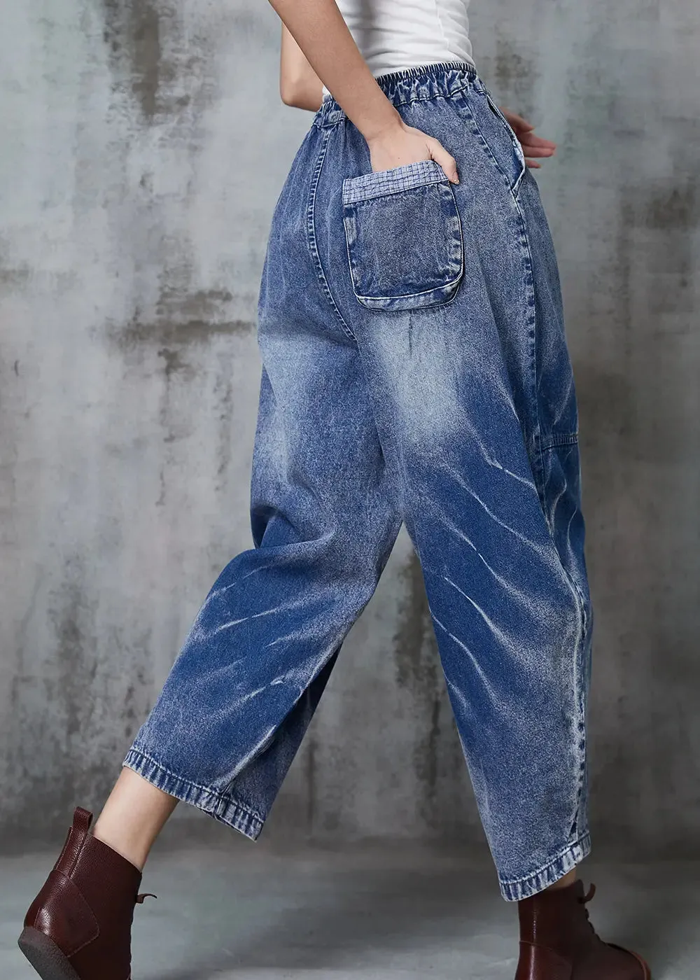 Plus Size Blue Oversized Patchwork Denim Crop Pants Spring JK1045