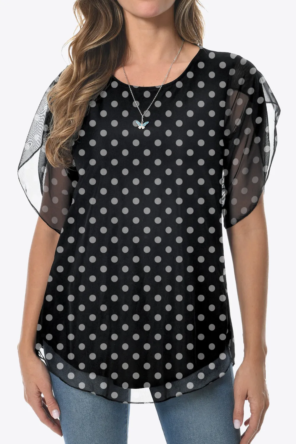 Printed Round Neck Curved Hem Blouse