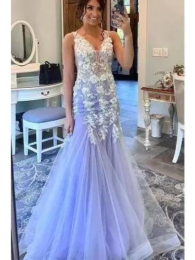 Prom Dresses Floral Dress Formal  Sleeveless V Neck Tulle with Ruffles Appliques