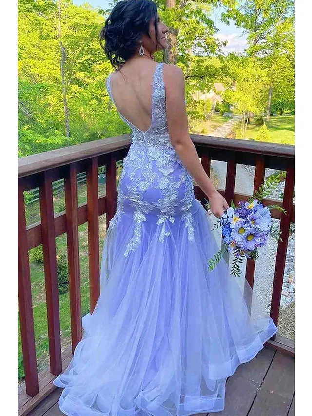 Prom Dresses Floral Dress Formal  Sleeveless V Neck Tulle with Ruffles Appliques