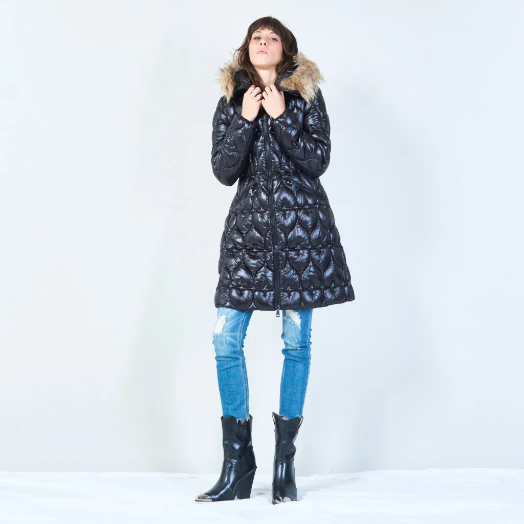 Quilted long jacket with heart pattern and fur hood wholesale