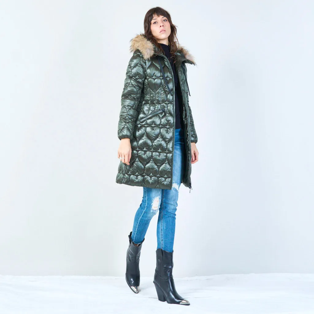 Quilted long jacket with heart pattern and fur hood wholesale