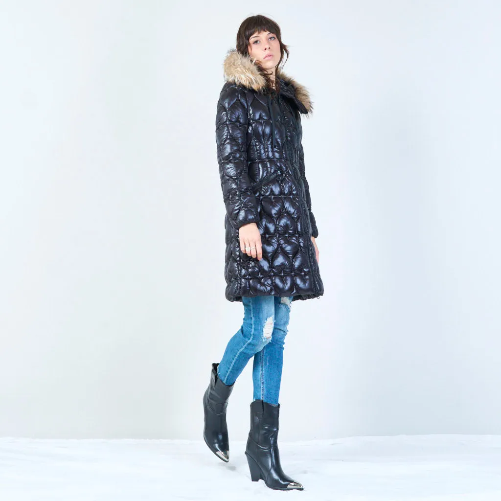 Quilted long jacket with heart pattern and fur hood wholesale