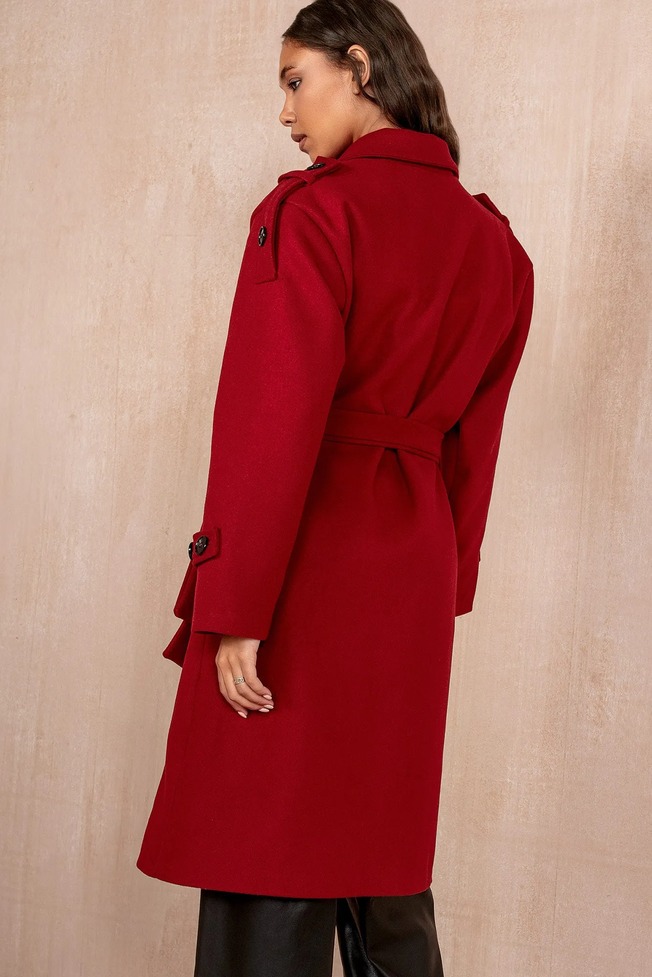 Ravi Burgundy Double Breasted Belted Coat