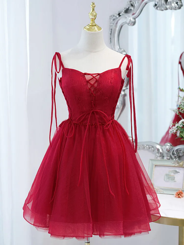 Red Straps Tulle Short Homecoming Dress Prom Dress, Red V-neckline Formal Dresses