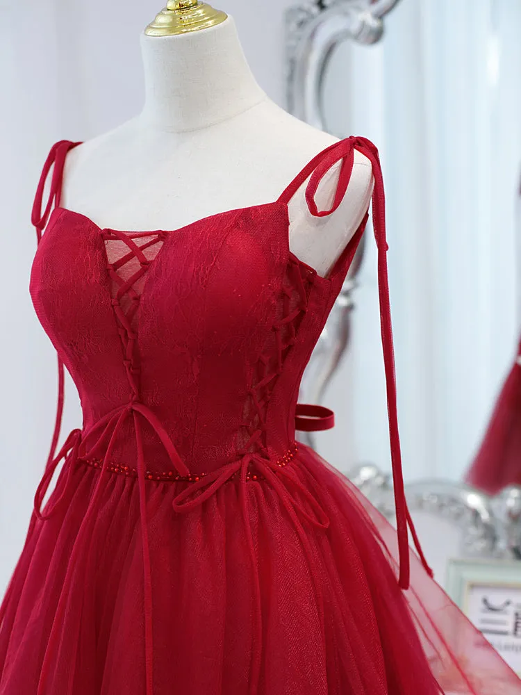 Red Straps Tulle Short Homecoming Dress Prom Dress, Red V-neckline Formal Dresses