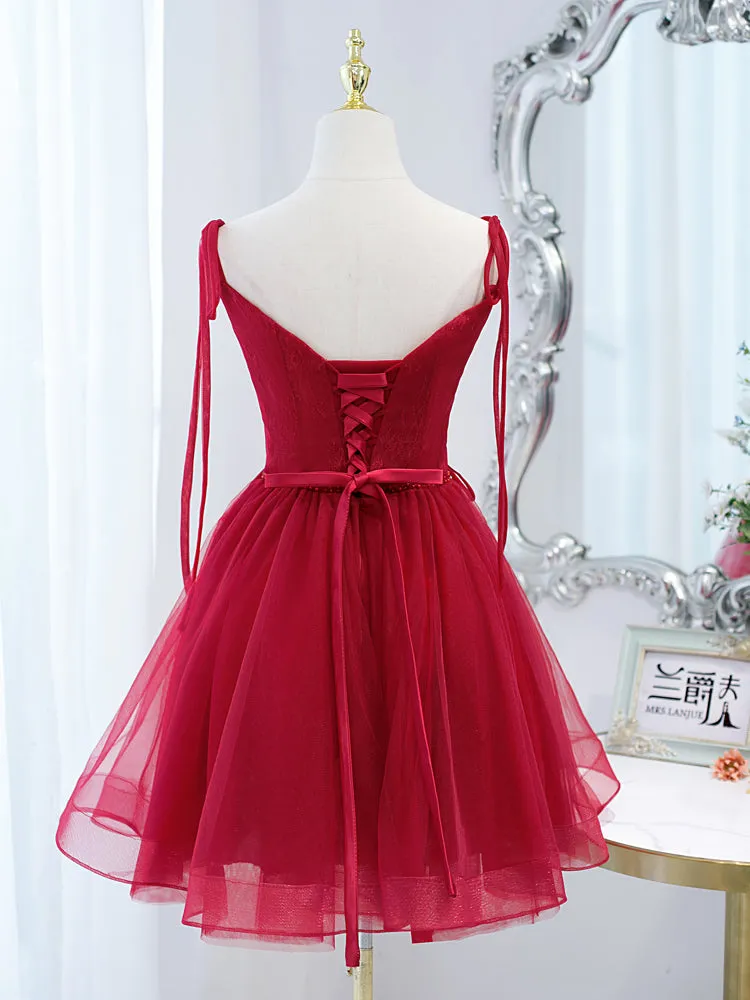 Red Straps Tulle Short Homecoming Dress Prom Dress, Red V-neckline Formal Dresses