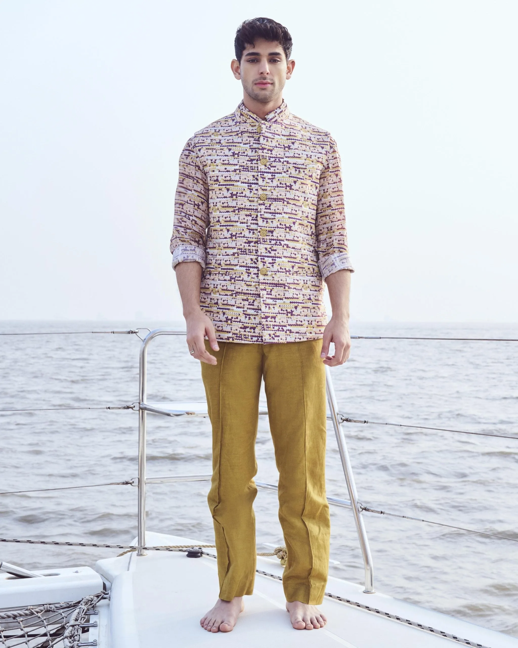 Sequin Printed Bundi with Printed Shirt & Straight Pants