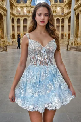 Sky Blue Spaghetti Straps Sweetheart Tulle Homecoming Dresses