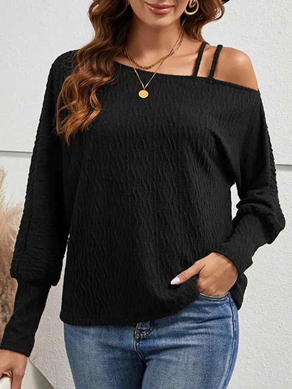 Solid Color Long Sleeves Loose Asymmetric Collar T-Shirts Tops