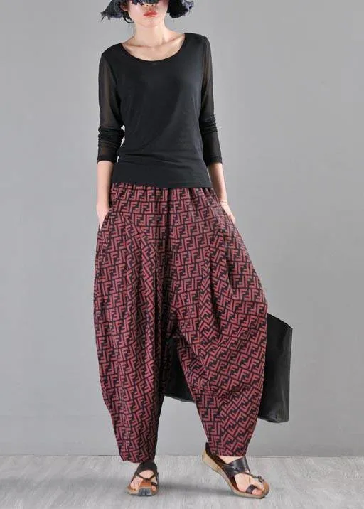 Stylish Red Print Linen Casual Harem  Pants Summer