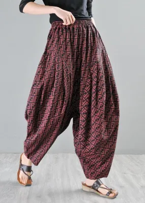 Stylish Red Print Linen Casual Harem  Pants Summer