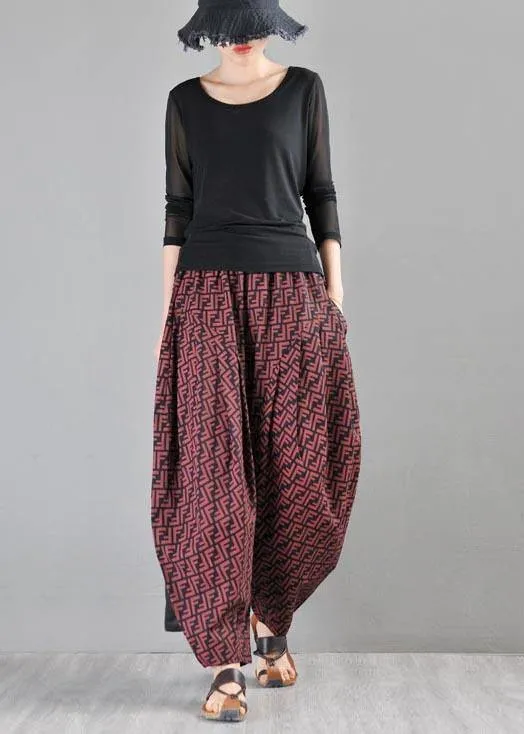 Stylish Red Print Linen Casual Harem  Pants Summer