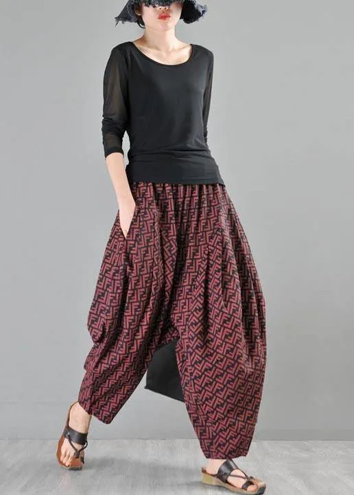 Stylish Red Print Linen Casual Harem  Pants Summer