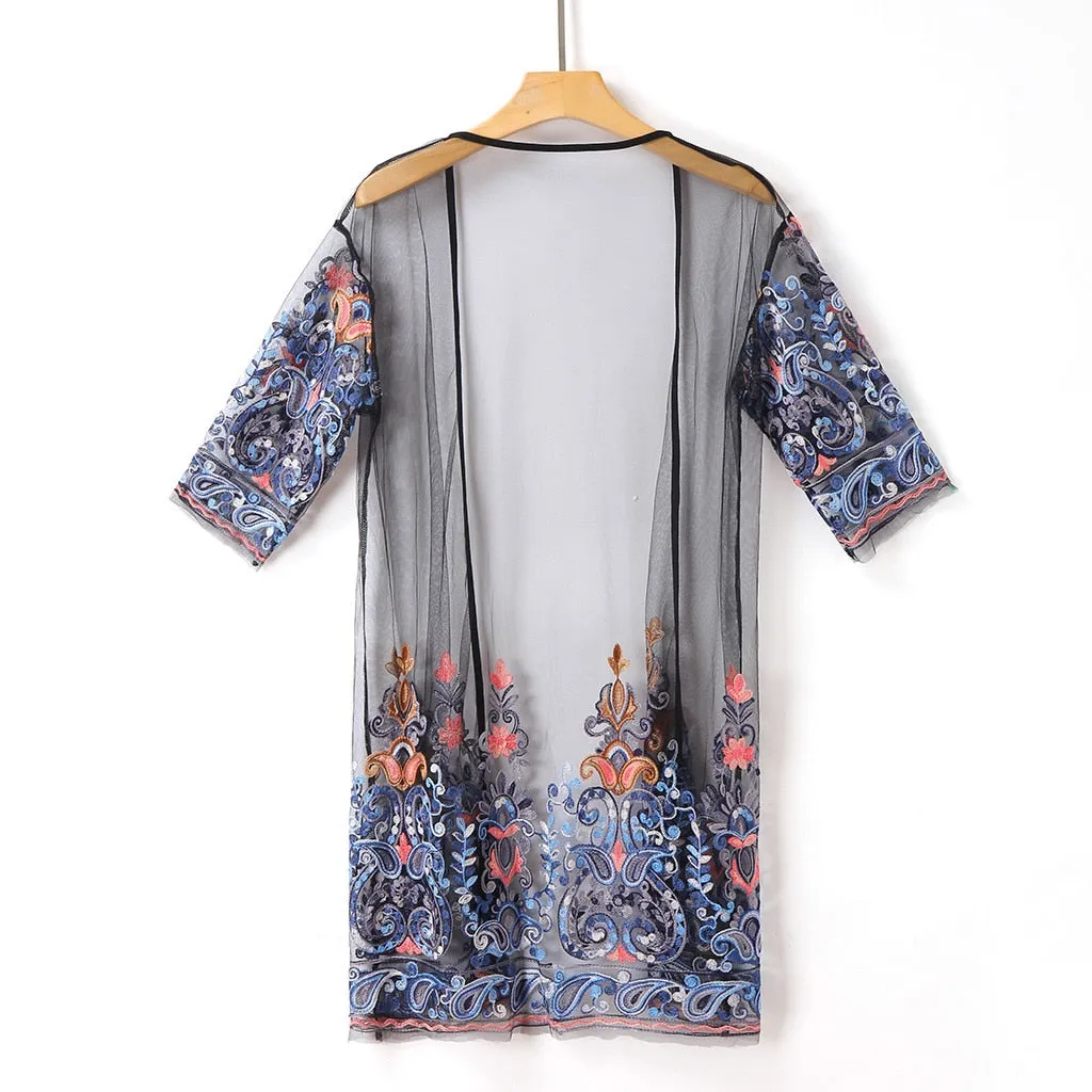 Summer Fashion Floral Embroidery Mesh Kimono Blouse Top Cardigan Blouses Beach