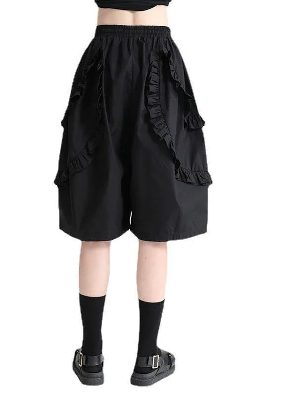 Unique Black High Waist Ruffled Summer Tie Waist Hot Pants