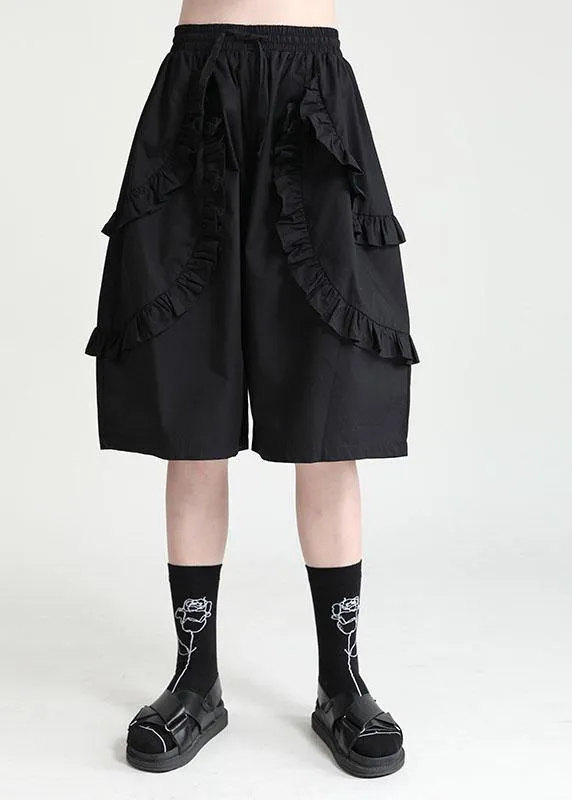 Unique Black High Waist Ruffled Summer Tie Waist Hot Pants