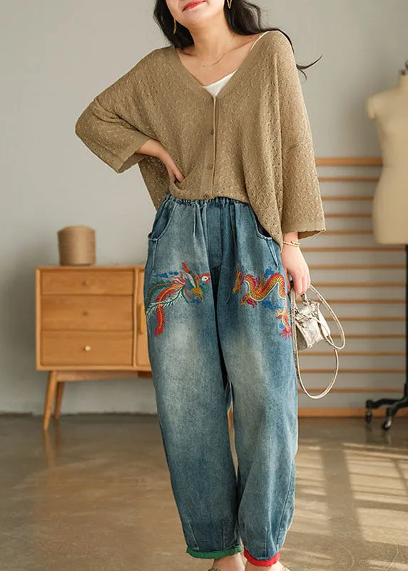 Unique Blue Casual Pockets Embroideried Harem Fall Denim Pants