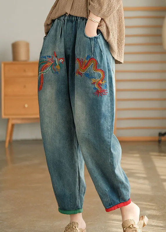 Unique Blue Casual Pockets Embroideried Harem Fall Denim Pants