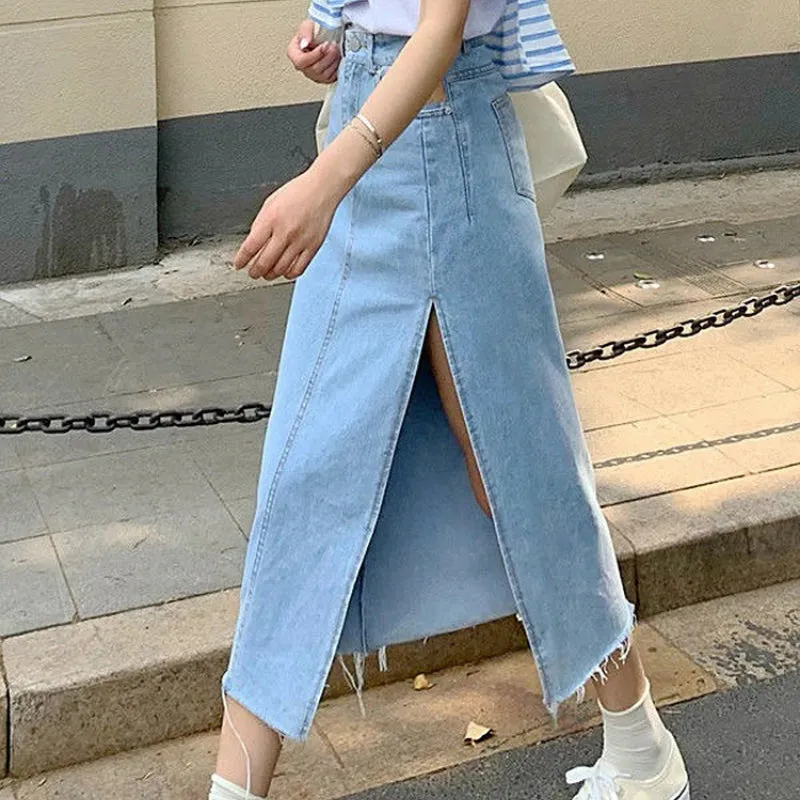 Vintage Style with Side-slit Denim Maxi Skirts