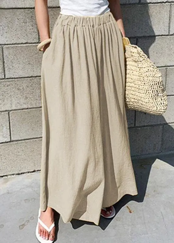 Women Elastic Waist Cotton Loose Wide Leg Pants with Pockets