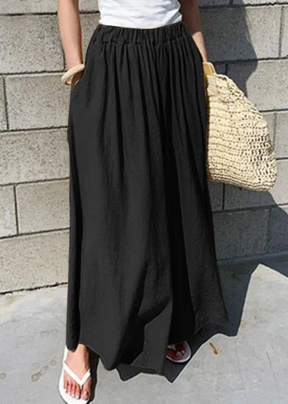 Women Elastic Waist Cotton Loose Wide Leg Pants with Pockets