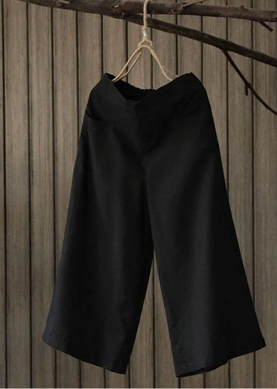 Women Vintage Solid Elastic Waist Wide Leg Pants with Pockets