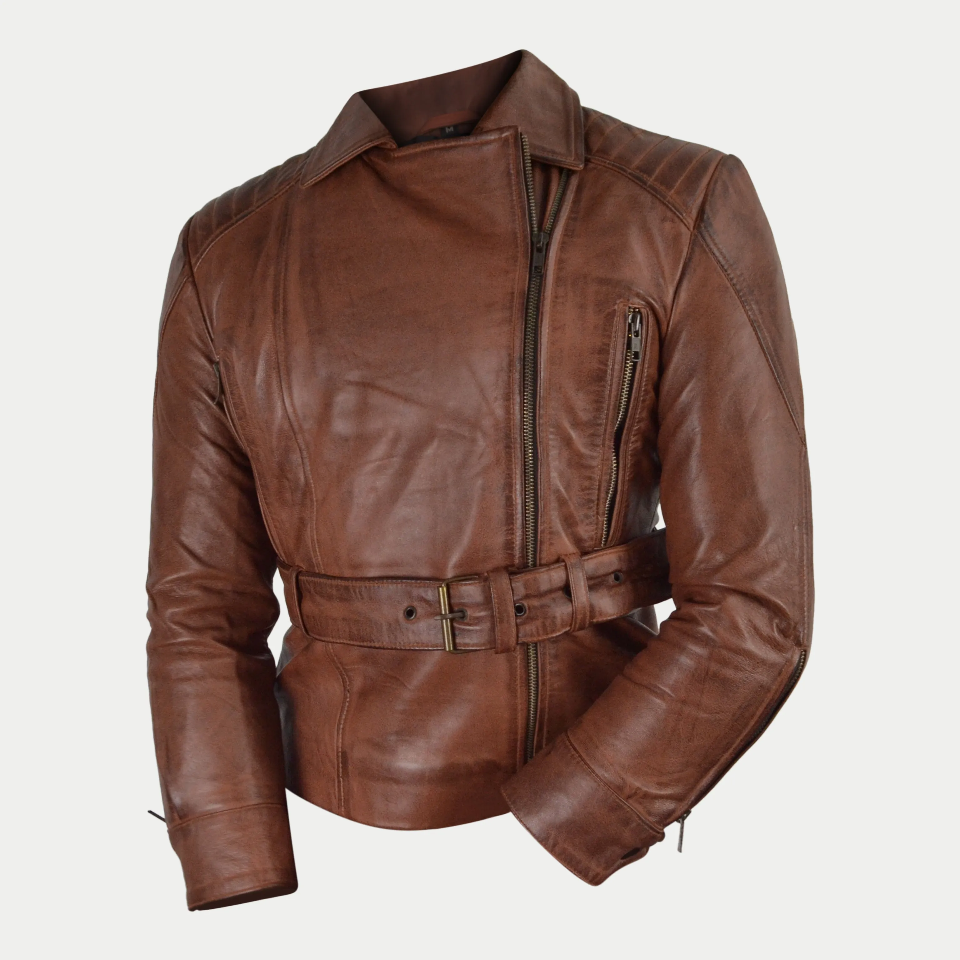 Women's Brown Waxed Motorcycle Genuine Leather Belted Biker Jacket